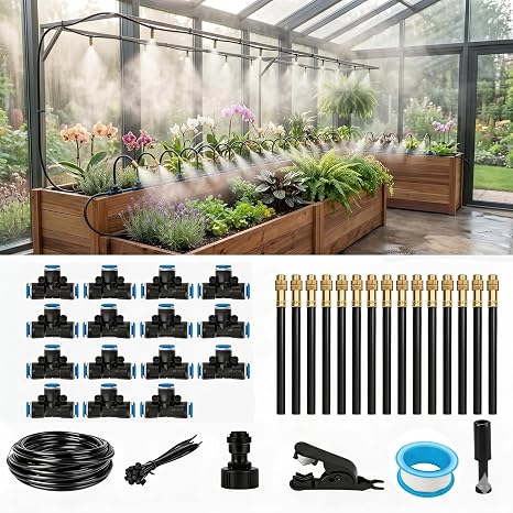 50Ft Drip Irrigation System, 360 Bendable Misting Irrigation Kit, Automatic Garden Watering System with Upgraded Brass Nozzles and 8mm Tubing,DIY Adjustable Sprinkler Set for Greenhouse,Yard,Patio