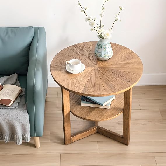 Gexpusm Farmhouse Wood End Table with Shelf(25.20x25.20x24.21 in,Espresso) | Rustic Mid-Century Side Table, Circle Accent Table for Living Room, Apartment, Small Space,Easy Assembly