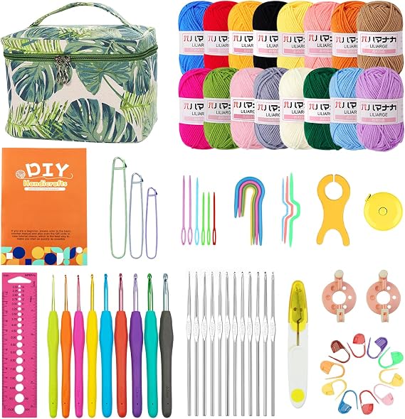 Beanewone Crochet Kits for Beginners Adults, Crochet Kit Includes 16 Colours of Yarn and 21 Full-Size Ergonomic Crochet Hooks, Portable Bag and Detailed Instructions, Perfect for Gift Giving