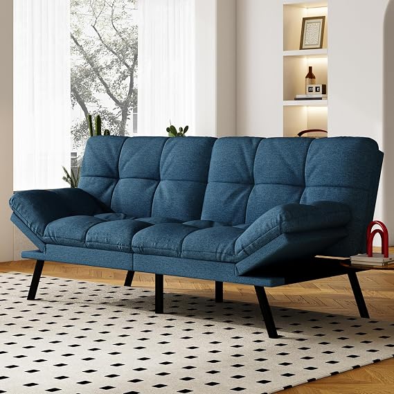 Vipbear Convertible Futon Sofa Bed, Linen Futon Couch with Adjustable Backrest & Armrests, Folding Small Recliner Sleeper Sofa Bed for Living Room, Apartment, Office