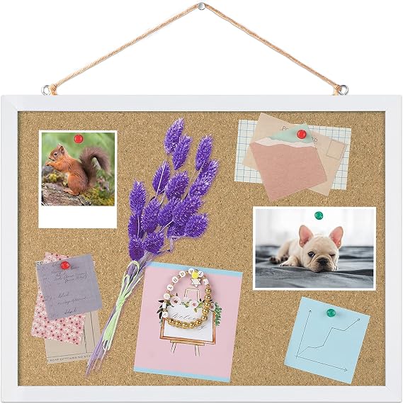 FEBSNOW Small Cork Bulletin Board for Wall 15.7x12 Inch White Wood Frame | Natural Cork Material, Home Office Message Board, Hanging Photos and Vision Notes,Rectangle White Frame With Pins