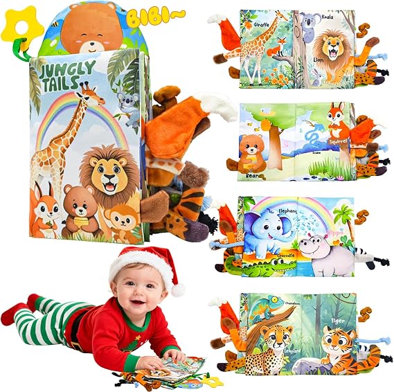 Kimicare Baby Toys 0-6 Month, Crinkle Books for Babies, Jungle Animal Tails Soft Baby Cloth Books 6 to 12 Months, Infant Tummy Time Sensory Toys, Birthday Gifts Christmas