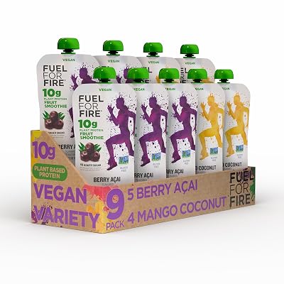Fuel for Fire VEGAN Protein Smoothie Squeeze Pouch - Variety 9-Pk | Healthy Snack & Recovery | No Sugar Added, Dietitian Approved | Functional Fruit Smoothies | Plant Based, Kosher 4.5oz pouches