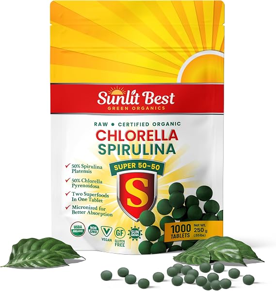 Sunlit Best 50/50 Organic Chlorella Spirulina Tablets, Superfood 1000 CT