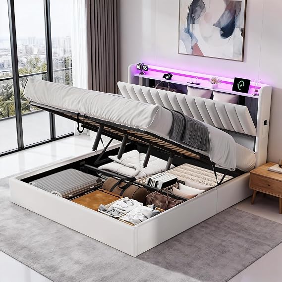 Double Bed Frame with Storage, 4ft6 Ottoman Bed Frame with Headboard & Hydraulic, Upholstered Bed with LED-Lighting & Charging-Station, PU, 135x190cm, White, No Mattress (White, 135 x 190 cm)