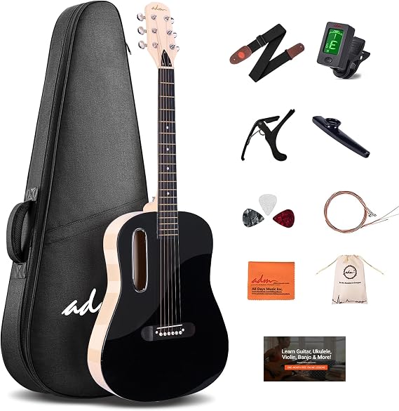 ADM Acoustic Guitar Kits for Beginners Adults - 38" Steel-String Guitars Bundle with Online Lesson Wooden Bowl Guitarra Starter Set Package with Bag, Strap, Picks, Capos, Kazoo, Black