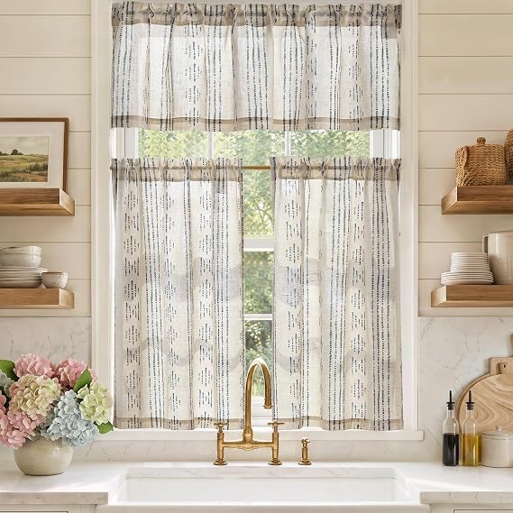 jinchan Blue on Beige Boho Kitchen Curtains and Valance Set Rod Pocket