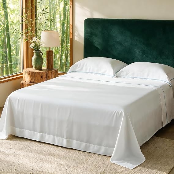 JSELF 100% Viscose Derived from Bamboo Sheet Set - Hotel Luxury Cooling Bed Sheets for Hot Sleepers & Night Sweats, 18" Deep Pocket, Soft & Breathable, Oeko-TEX (White with Blue Tape, Queen)