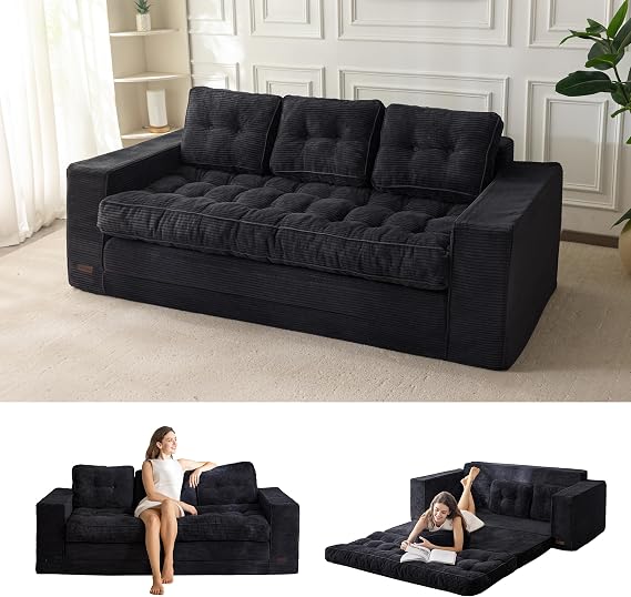 MAXYOYO Sofa Bed, 3 Seater Pull Out Sleeper Sofa with 2 Pillows, 2 in 1 Comfy Corduroy Convertable 3 Seater Couch,Folding Couch Bed 190x85CM, 15cm Thincken Mattress for Living Room