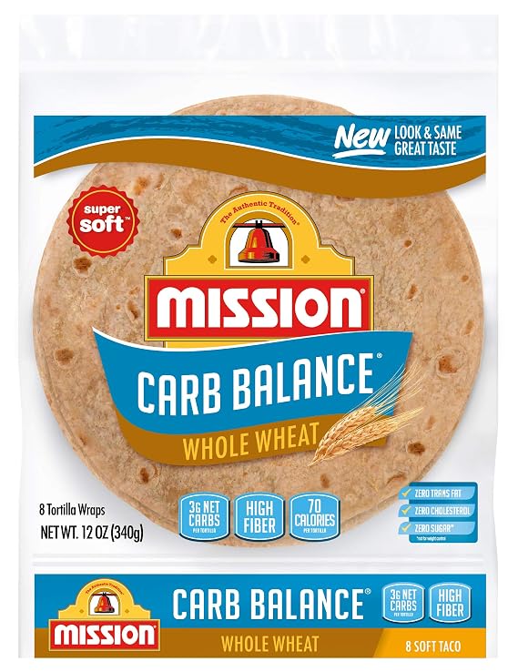 Mission Carb Balance Soft Taco Whole Wheat Tortillas, Low Carb, Keto, Whole Grains, High Fiber, No Sugar, Medium Size, 8 Count