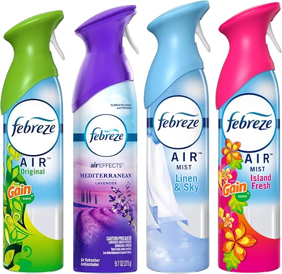 Febreze Air Freshener Odor Eliminator Spray, Assorted Scent Febreze & Bathroom Deodorizer, Original, Island Fresh, Linen Sky & Lavender, 4 Pack
