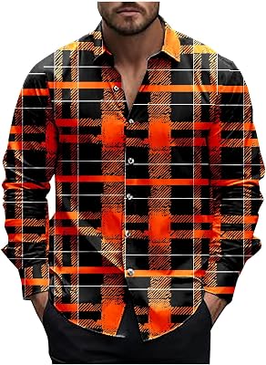 Men Long Sleeve Button Down Shirt Lapel Plaid Jacket Shirts Casual Slim Fit Work Dressy Tops Lightweight Vintage Tees
