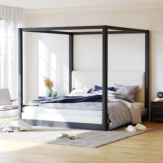 King Size Canopy Platform Bed with Upholstered Headboard, Wooden 4-Poster Canopy Bed with Sturdy Slat Suppor for Kids Teens Adult Bedroom (Black Frame+White Fabric-9)