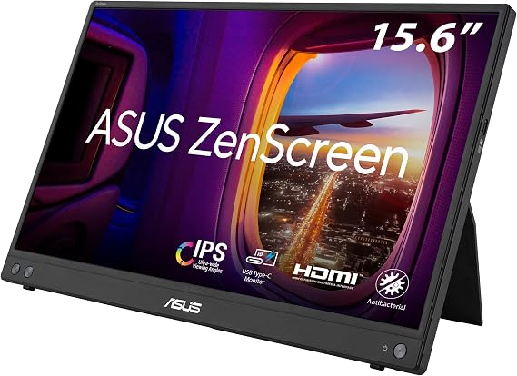 ASUS ZenScreen MB16AHV Portable Monitor- 16 inch (15.6 inch viewable) Full HD, IPS, HDMI, USB Type-C, Blue Light Filter, Anti-glare surface, Antibacterial treatment