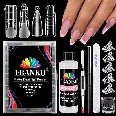 EBANKU Poly Gel Nail Forms - 96PCS Dual Forms for Builder Nail Extension, 4 Style 12 Size Dual Forms Set with 2.5oz Slip Solution, Brush, File, 5PCS Clips