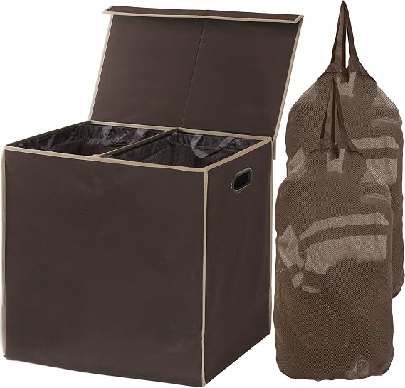 Simple Houseware Double Laundry Hamper with Lid & Removable Bags, Brown | with Handles for Bedroom, Laundry Room, Bathroom
