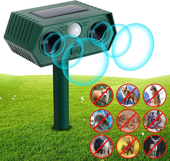 Solar Powered Cat Repellent Ultrasonic, Animal Scarer Repellent Cat Deterrents for Gardens with PIR Motion Sensor, Applies to Repeller Cat, Mole, Squirrel, Raccoon, Skunk, Rabbit, Deer, Rat, Rodent
