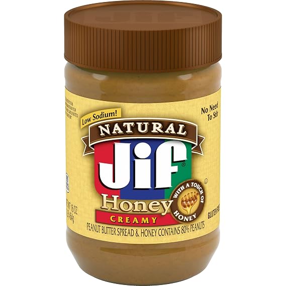 Jif Natural Creamy Peanut Butter Spread and Honey, 16 Oz. Jar | 7g protein per serving, 7% DV, See nutrition information for fat and saturated fat content, Contains 80% peanuts