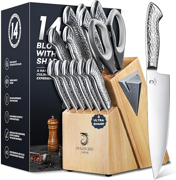 DRAGON RIOT 14-Piece Kitchen Knife Block Set, Stainless Steel