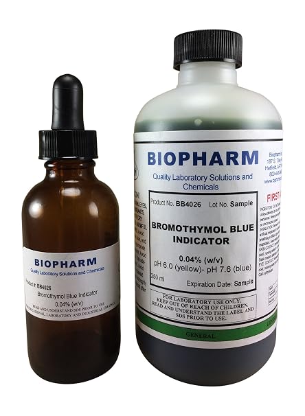 Biopharm Bromothymol Blue Indicator Solution 0.04% (w/v), 250mL (8.4 fl oz) | Includes Labeled 2-oz Dropper Bottle For Easy Use. Convenient Dispensing Cap Included. pH Range 6.0 (Yellow) - pH 7.6 (Blue)