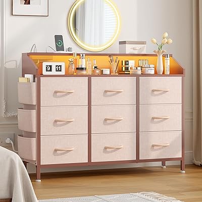 Lulive Dresser TV Stand for Bedroom with 9 Drawers - Chest of Drawers with LED Light & Charging Station - Living Room Hallway Closet Nursery Pink
