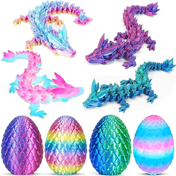 Ivrmtal 4PCS 3D Printed Dragon Eggs with Dragon Inside, Prefilled Easter Eggs with Toys for Kids 3D Printing Crystal Dragon Animals Toys Easter Basket Stuffers Dragon Gifts Desk Deco for Boys Girls
