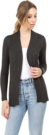 CIELO Open Front Solid Color Long Sleeve Sweater Cardigan, Charcoal, Medium