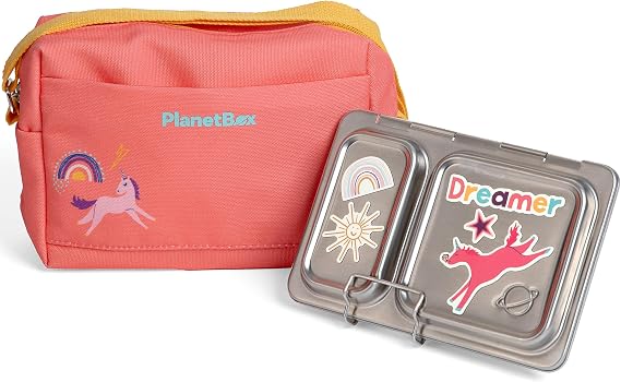 PlanetBox Shuttle Stainless Steel Bento Box Style Lunch Box Kit for Youth with 2 Compartments Unicorn Rainbow Edition includes Small Carry Bag, Leakproof Food Containers & Matching Magnets