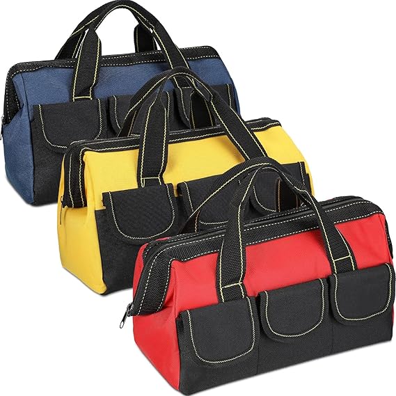 3 Pack Wide Open Mouth Tool Storage Bag | 13 Inch Multi-Purpose Waterproof Tools Tote Bag with 5 Pockets, Heavy Duty Organiser for Home Repairs & Garage