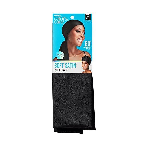 KISS COLORS & CARE Soft Satin Wrap Scarf - Black, Long Lasting, Multi-Purpose, Soft Premium Scarf For Minimizing Frizz, Preventing Breakage & Securing Hair Styles, Wigs & Weaves For All Hair Styles