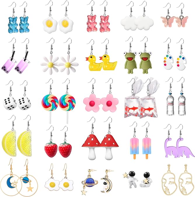 GIFIKOI 20-25 Pairs Weird Cute Earrings Drop Dangle Earrings for Women Food Earrings Aesthetic Earrings Weirdcore Kawaii Funny Earrings Set