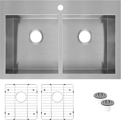 Artika SQ220GS18-CCA 31x 20 Double Bowl Undermount or Drop-in 18 Gauge 5050 Kitchen Sink Stainless Steel with Grids Included, Brushed Nickel