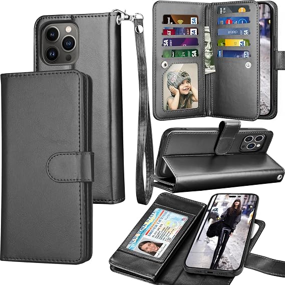 Tekcoo Wallet Case Compatible with iPhone 14 (6.1 inch) 2022 Luxury ID Cash Credit Card Slots Holder Carrying Pouch Folio Flip PU Leather Cover [Detachable Magnetic Hard Case] with Strap [Black]