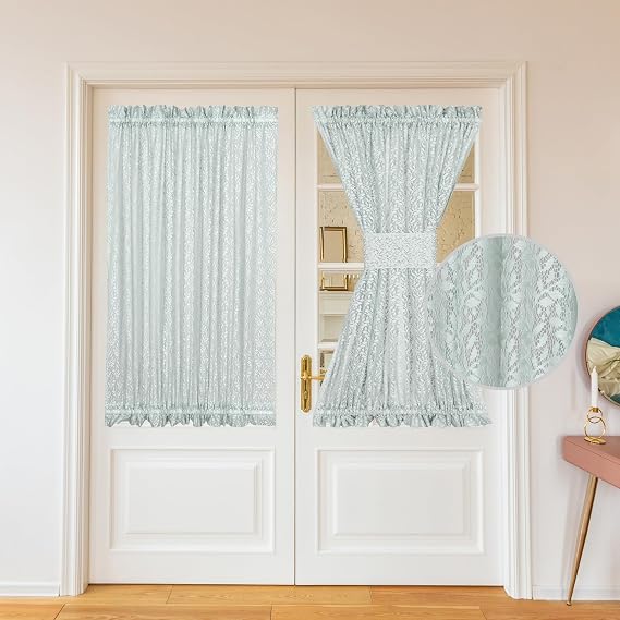 Green Lace French Door Curtain Rod Pocket Leaves Branch Voile Curtains Light Filtering Small Sidelight Curtain for Glass Door Patio Front Door Tieback Included, 2 Panels, 25 x 40 Inch