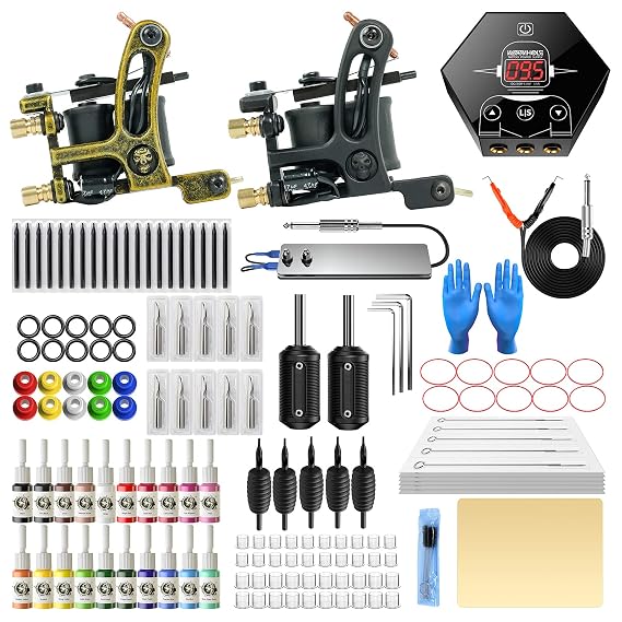 Tattoo Kit Complete for Beginners, Wormhole Tattoo Machine Kit with Tattoo Gun Tattoo Power Supply 20 Tattoo Inks 50 Tattoo Needles 2 Pro Tattoo Machine Kit Tattoo Gun Kit TK1000013
