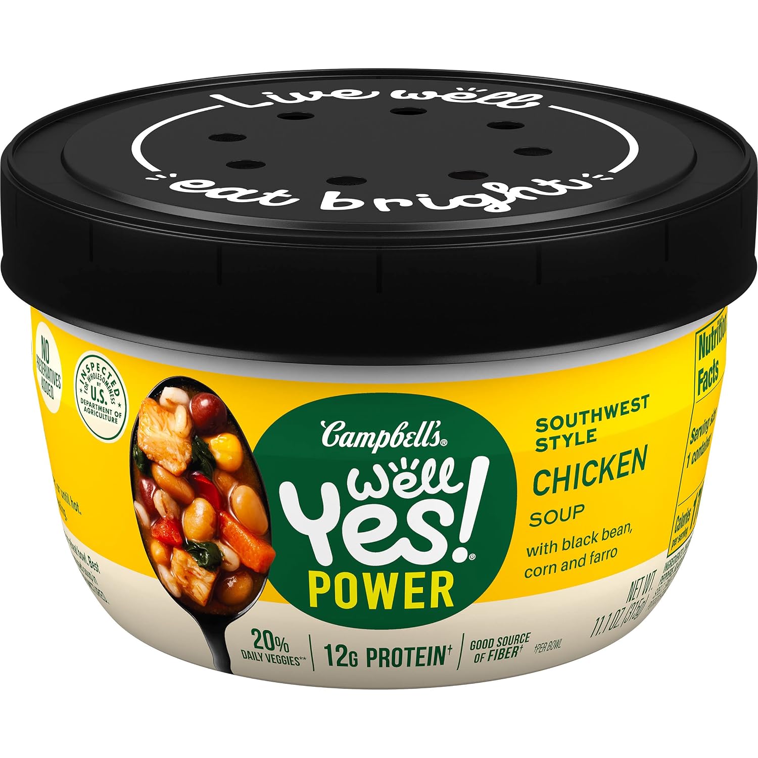 Campbell's Well Yes! Power Soup Bowl Southwest Style Chicken Soup with Bone Broth, 11.1 Oz Microwavable Bowl Case of 8