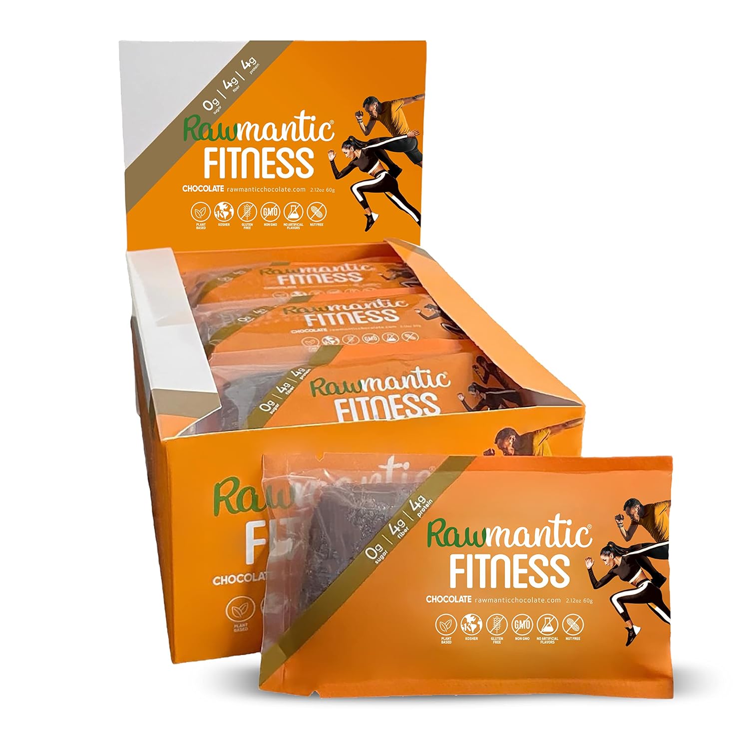 Rawmantic Fitness Chocolate Vegan Energy Bars - 2.1 Oz Pack of 12 - Chocolate Snack Bars - Dairy, Nut and Sugar Free Chocolate Energy Snacks - Non-GMO Vegan Bars