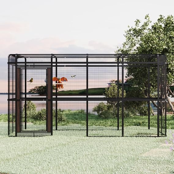 Outdoor Large Walk-in Cage 10FT Heavy Duty Bird Cage Carbon Crystal Board Aviary Parrot Cage Wide Flight Metal Birdcage (154" Black)
