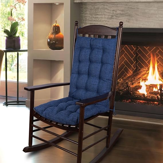 ELFJOY Solid Color Cozy Sanding Fabric Rocking Chair Cushions -Rocker Chair Pad Set Flax Navy