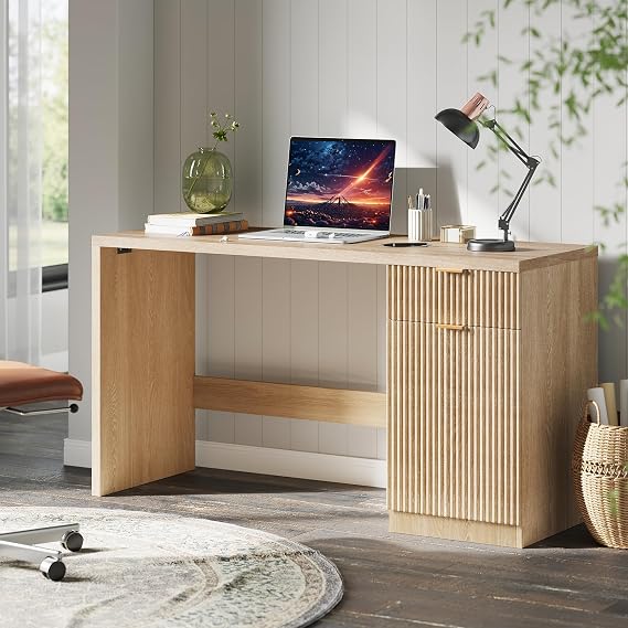 IDEALHOUSE Fluted Executive Desk with Drawers, 60" Modern Home Office Desk