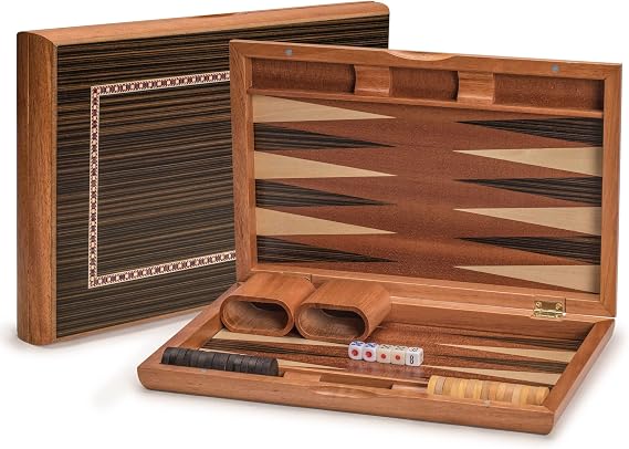 Yellow Mountain Imports Backgammon Spiel-Set mit Holzintarsien Dorne - mit Holzspielsteinen und Zubehör 33 Zentimeter Spielbrett für 2 Spieler