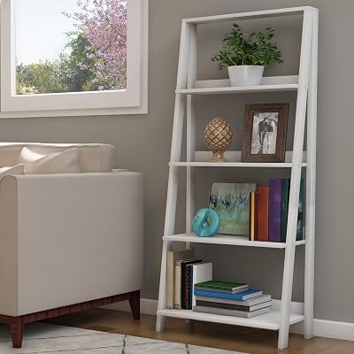 4-Tier Ladder Bookshelf - Freestanding Shelved Bookcase with X-Back Frame and Leaning Look - Display Shelves for Home or Office by Lavish Home White