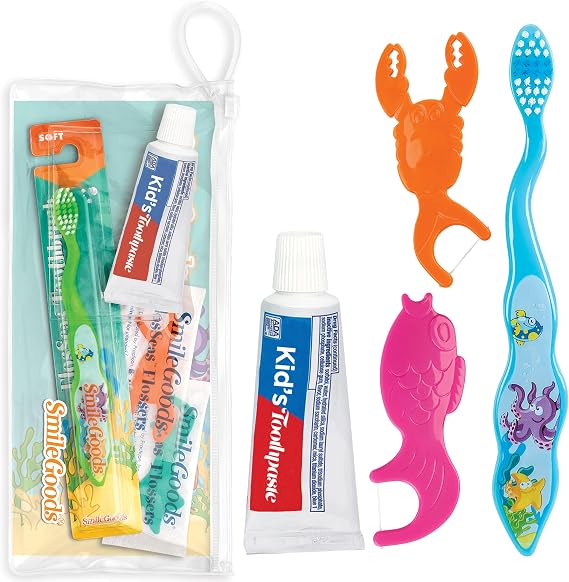 Practicon FlosSeas Child Dental Care Kit, Travel Size Bundle w/Assorted Color Toothbrush, Kids Toothpaste and Flossers, TSA Friendly Kids Oral Care Kit