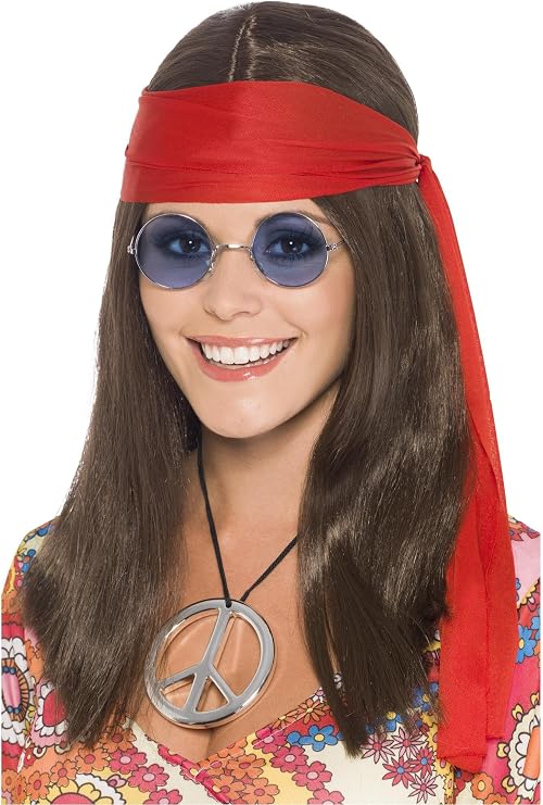 Smiffy's Women's Hippy Chick Kit Wig Specs Peace Sign Medallion and Headband