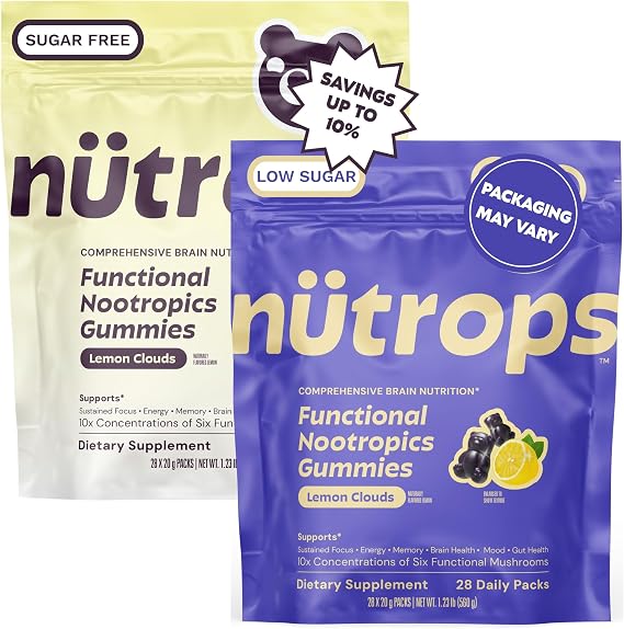 Gruns Nutrops Mushroom Gummies for Brain Health, Low Sugar + Sugar Free, 2x28 Pack