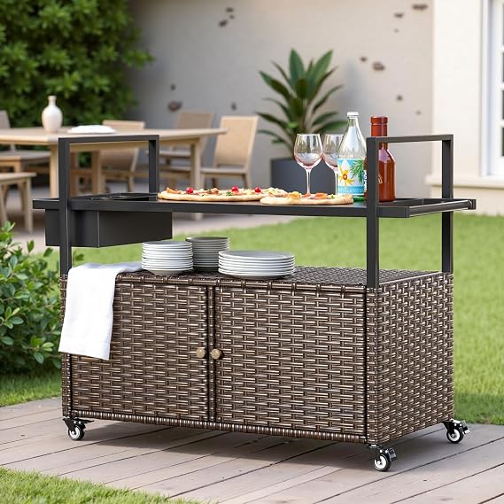 Wicker Outdoor Bar Cart with Storage Cabinet and Four Rolling Wheels Patio Bar Table, Outdoor Buffet Cabinet Movable with Removable Side Basket for Deck Poolside Backyard Brown