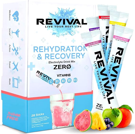 Revival Zero Rehydration Electrolytes Powder - Sugar Free Hydration Sachet Drink with Vitamins C, B1, B3, B5, B12-28 Pack Assorted Flavours