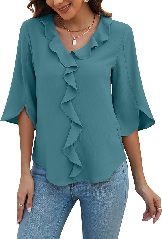 Blooming Jelly Womens Dressy Casual Blouses 3/4 Sleeve V Neck Ruffle Tops Business Ladies Summer Trendy Fashion Work Shirt