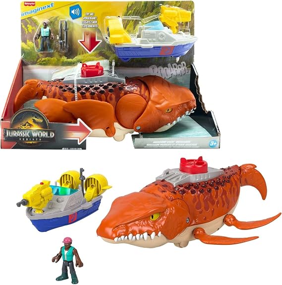 Fisher-Price Imaginext Jurassic World Rebirth Dev Ağızlı Mosasaurus, 45,5 cm'lik dinozor oyuncağı, 7,5 cm'lik aksiyon figürü, fırlatıcılı tekne ve 2 cephane, JFR23