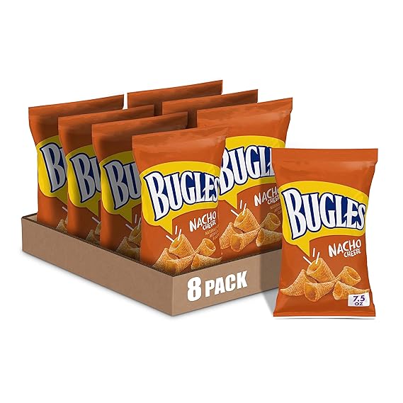Bugles Crispy Corn Snacks, Nacho Cheese, Snack Bag, 7.5 oz (Pack of 8)